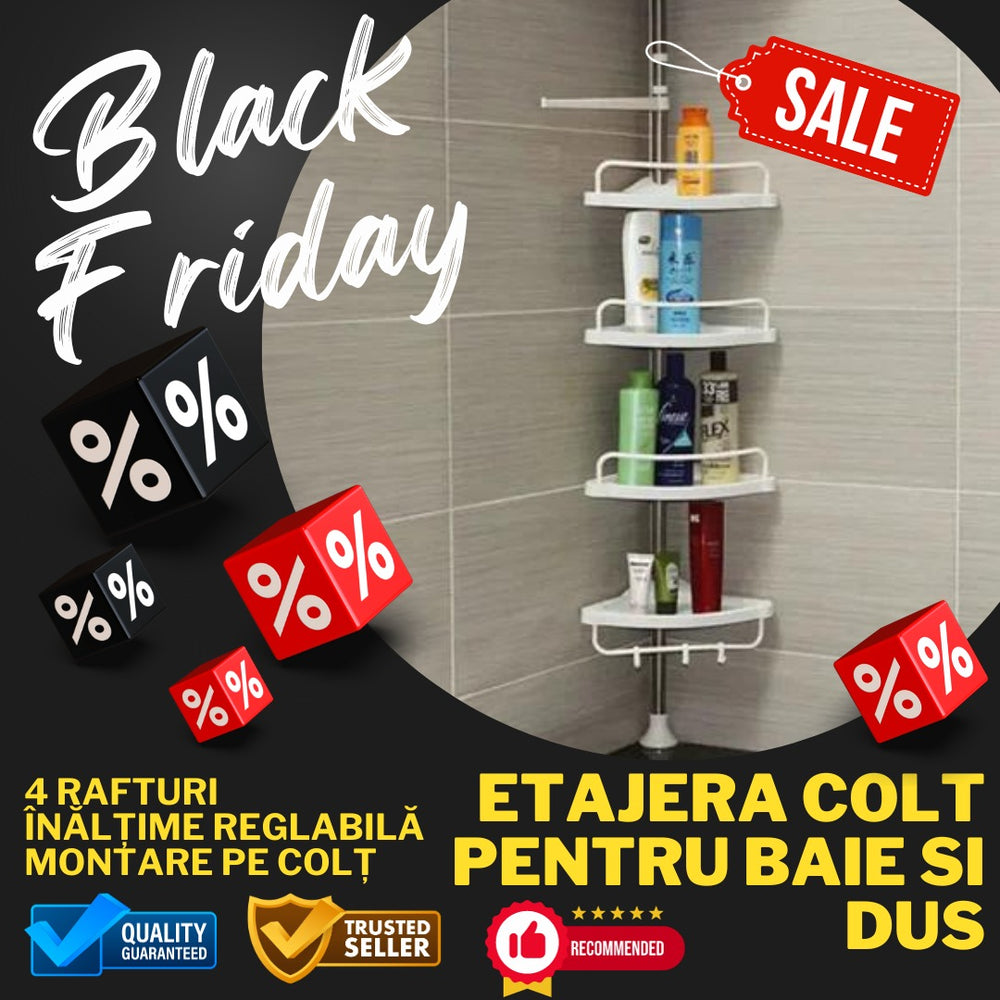 Etajera colt pentru baie si dus, 4 rafturi, inaltime reglabila, montare pe colt
