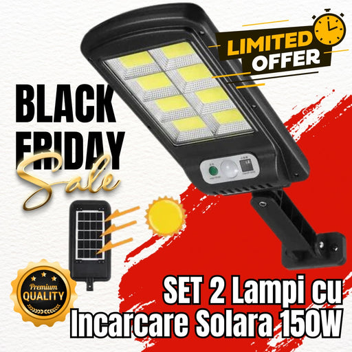 SET 2 Lampi cu Incarcare Solara 150W, 180 LED-uri COB, telecomanda