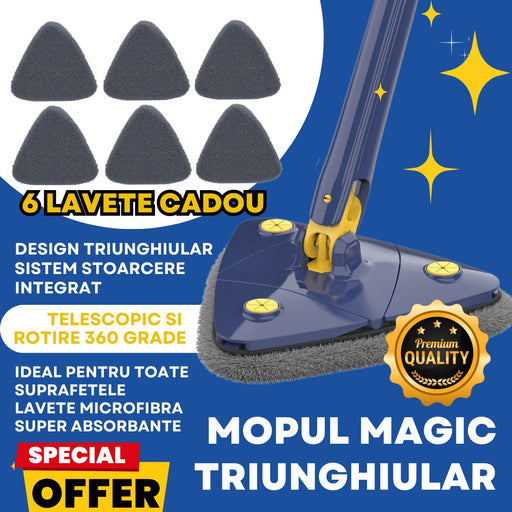 Mop cu cap triunghiular, reglabil, rotire 360 grade +2, 6 ,9 lavete incluse gratuit