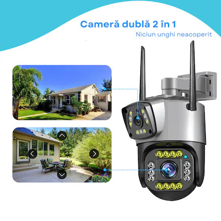 Camera Supraveghere IP PTZ 6-8 MEGAPIXELI, Camera Duala, Wireless, 320°, 1080p, IR+LED, Exterior, ONVIF, NVR, Senzor Miscare, Alarma